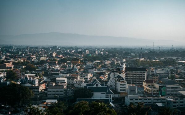 Aerial view of Mueang Chiang Rai city, showcasing its urban landscape and architecture.