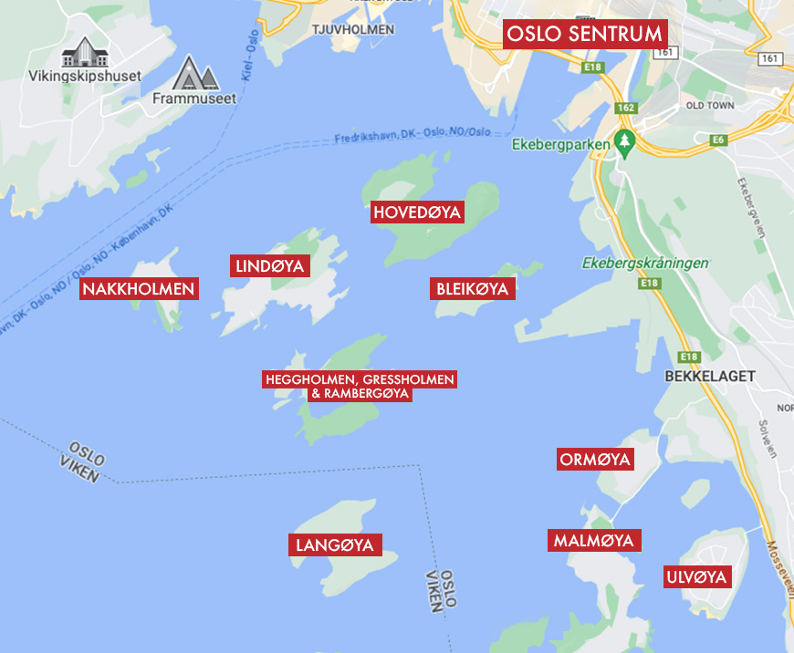 Kart over øyer i Oslofjorden. Følgende øyer er markert: Hovedøya, Lindøya, Bleikøya, Nakkholmen, Heggholmen, Gressholmen, Rambergøya, Ormøya, Langøya, Malmøya og Ulvøya.