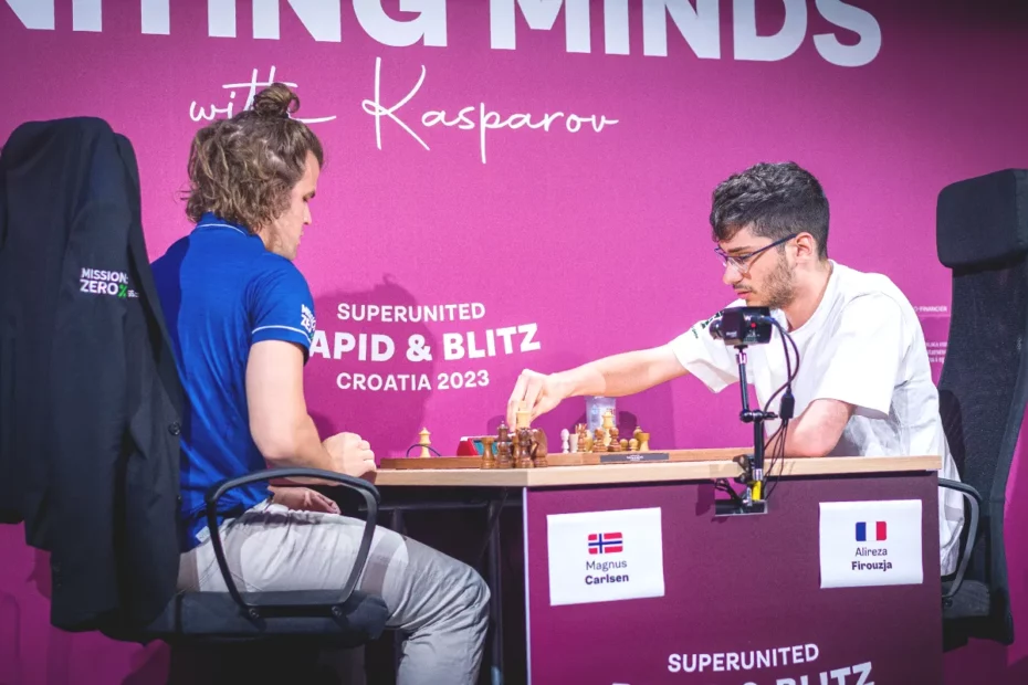 Magnus Carlsen spiller mot Firouzja i Kroatia på SuperUnited Rapid and Blitz Croatia 2023