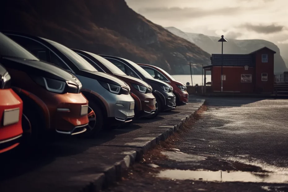 Elektriske biler parkert ved en fjord i Norge