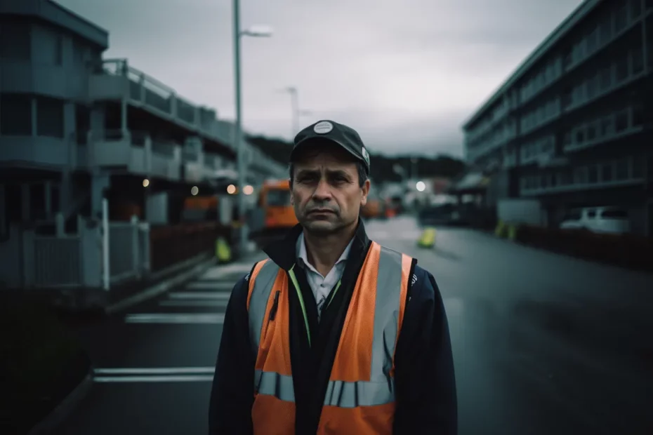 En utilfreds expat i en høy synlighet vest, som symboliserer de utfordrende arbeidsforholdene i Norge.