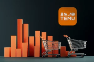 Temu logo with orange downward graph in 3d and an empty shopping cart