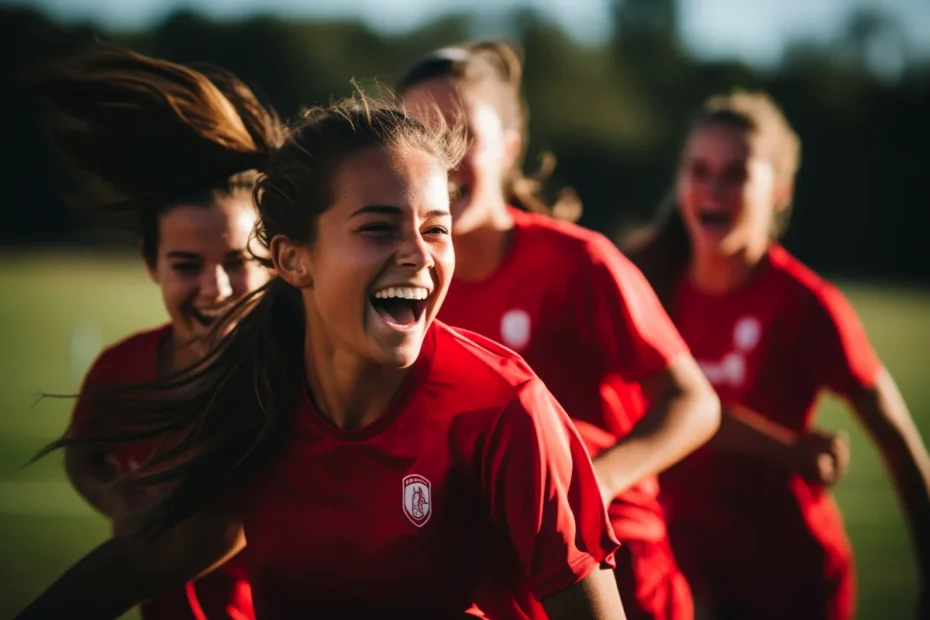 Fire jenter som feirer, i røde fotballklær.