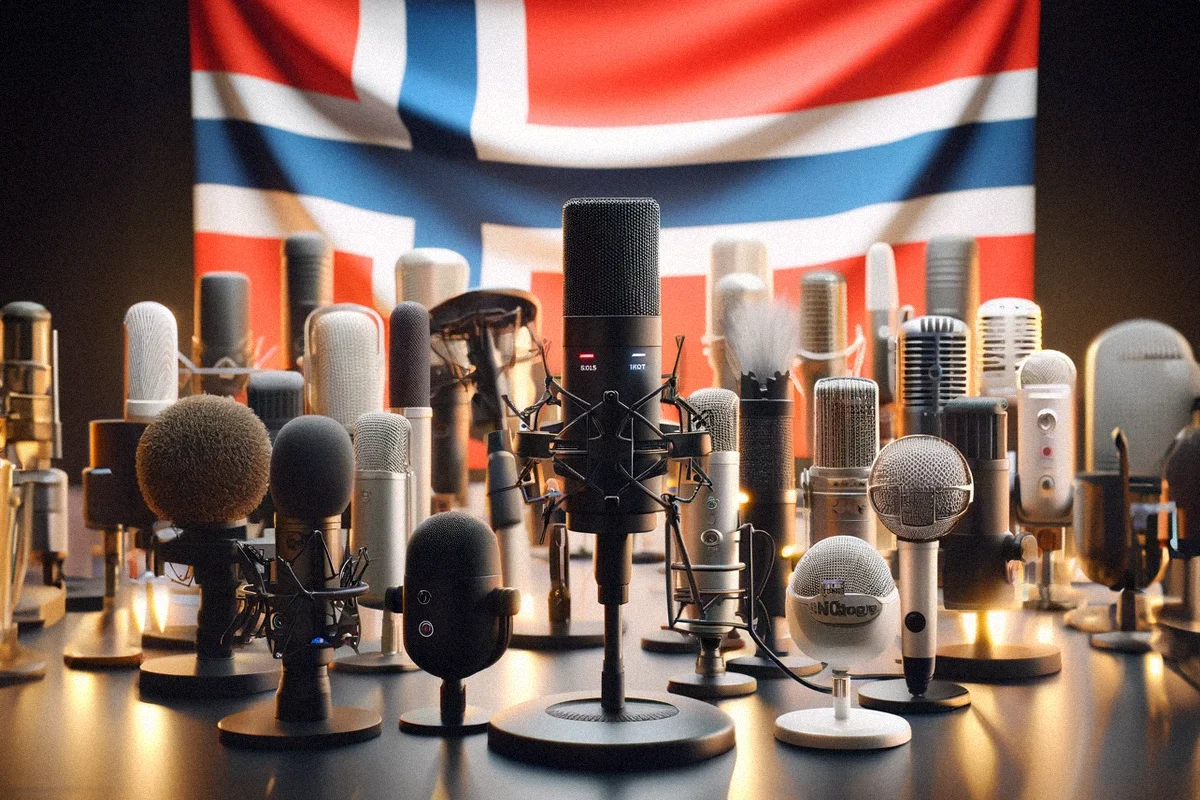 Norsk flagg sammen med podcast mikrofoner