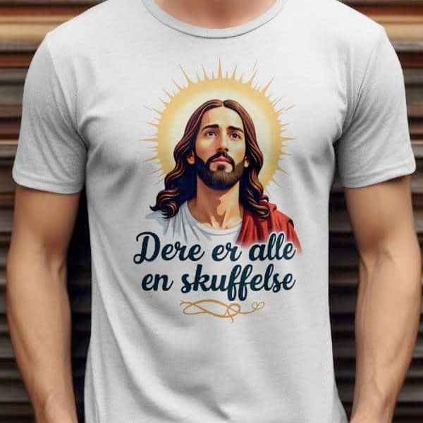 Hvit T‑skjorte med et klassisk Jesus-portrett og teksten «Dere er alle en skuffelse».