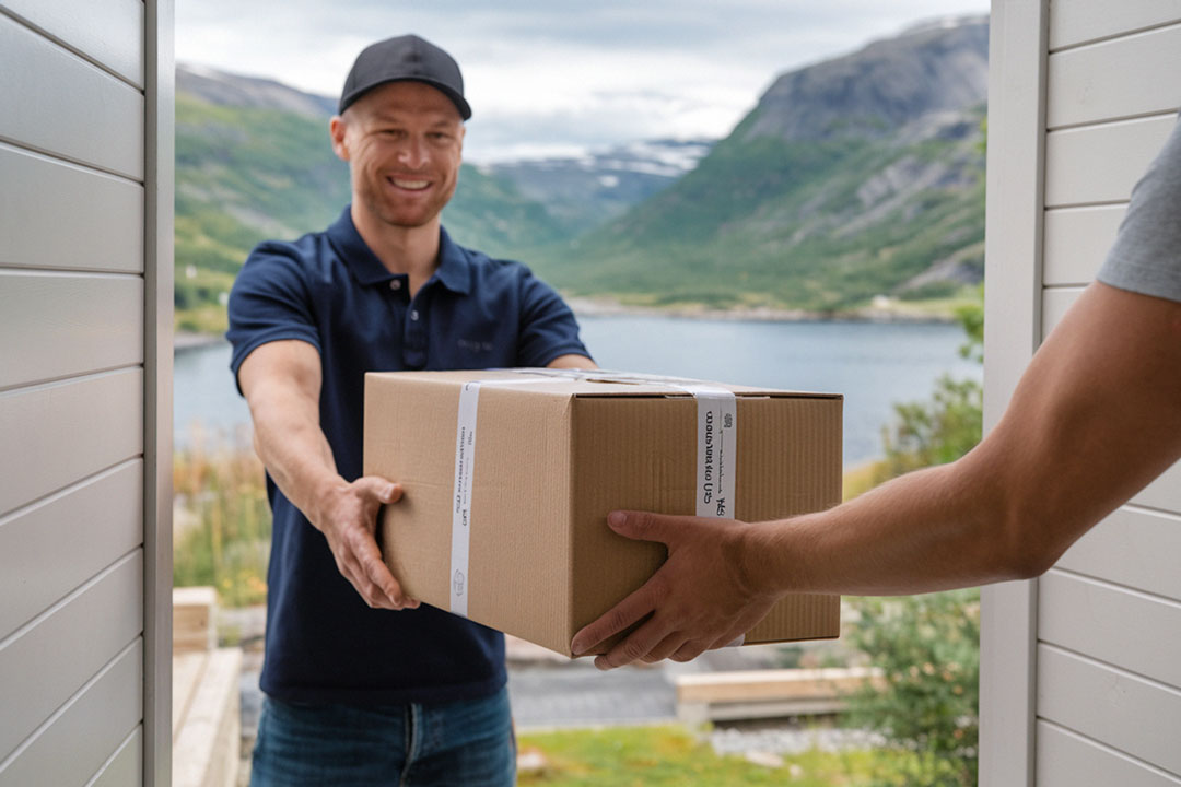 En budbringer overleverer en pakke ved et hjem i Norge, med en fjord og fjell i bakgrunnen, som symboliserer rask og pålitelig frakt.