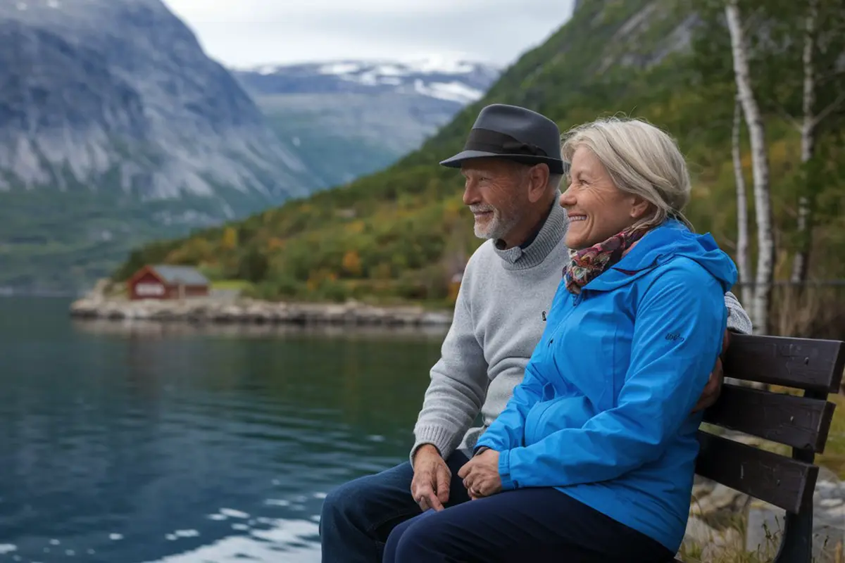 En eldre, lykkelig norsk kvinne og mann som nyter pensjonisttilværelsen ved en fjord, omgitt av vakker natur og et stabilt økonomisk fundament.