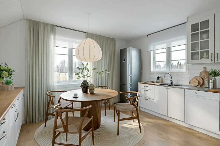 Lyst kjøkken med hvite skapfronter, spisebord i tre og en stor taklampe over bordet